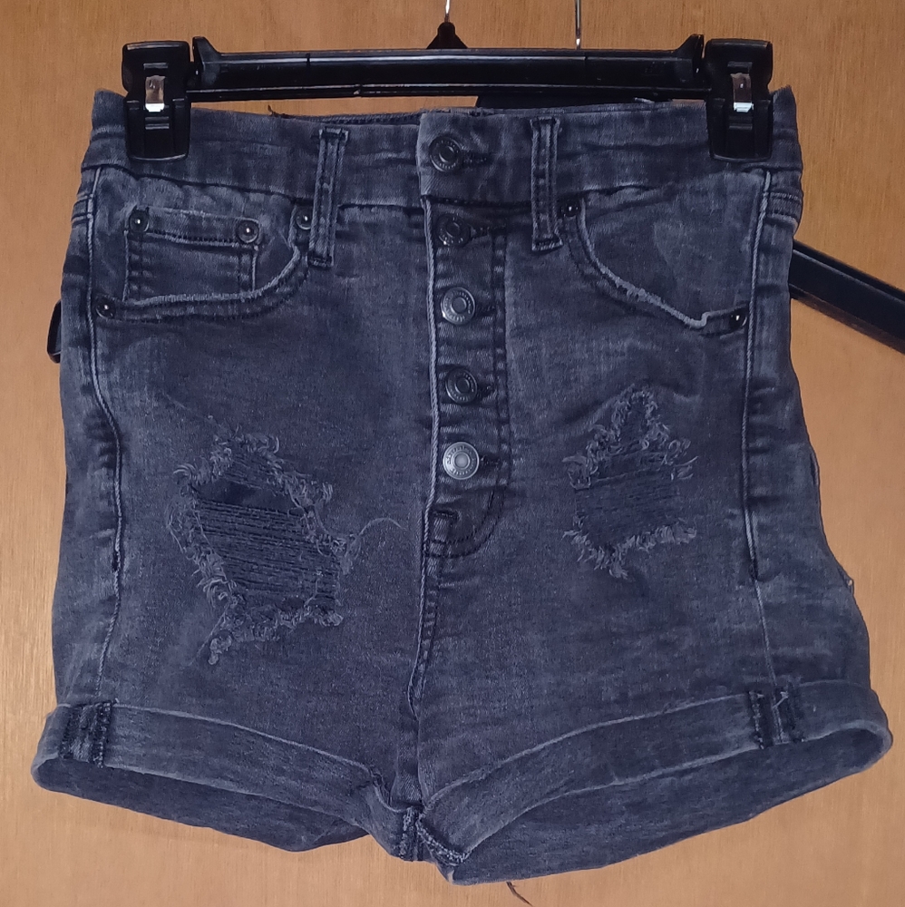 Women's Aeropostale, black distressed,  super high rise curvy midi jean shorts